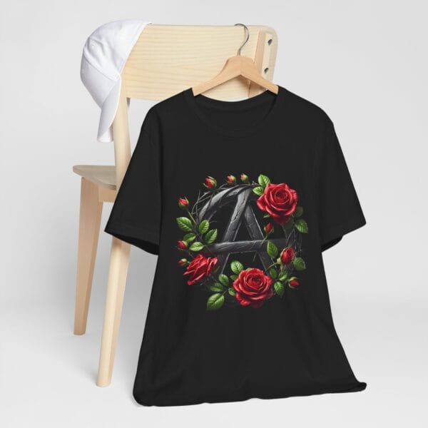 Unisex Tee: Rock and Roll Metal Anarchy Symbol with Roses Design - Image 2