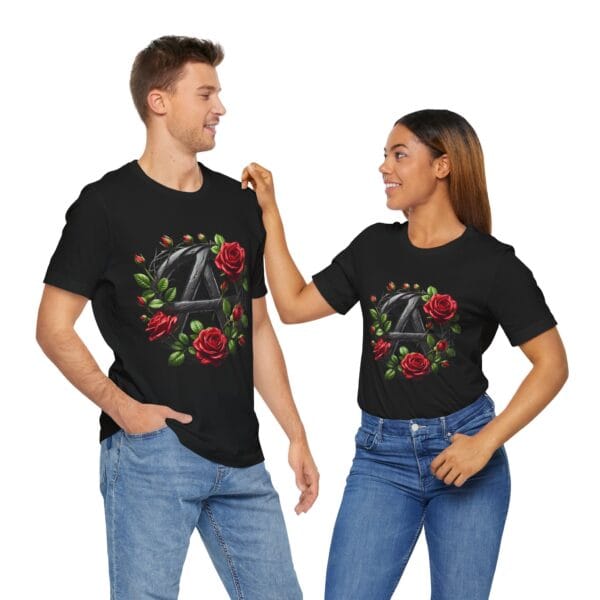 Unisex Tee: Rock and Roll Metal Anarchy Symbol with Roses Design - Image 4