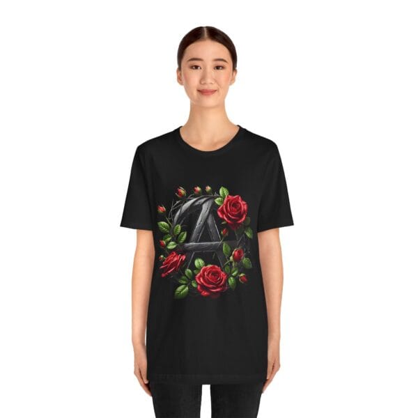 Unisex Tee: Rock and Roll Metal Anarchy Symbol with Roses Design - Image 3